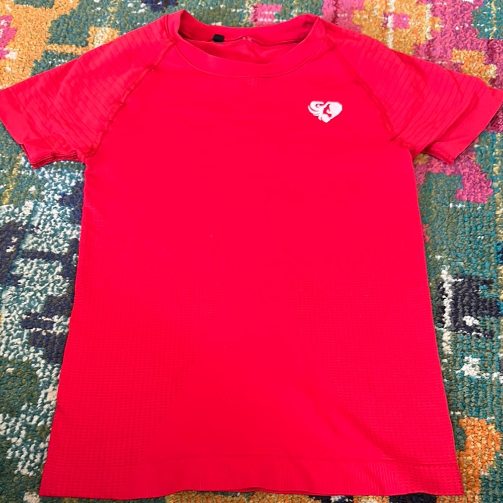 Vibrant Red Short Sleeve Tee with Heart Emblem